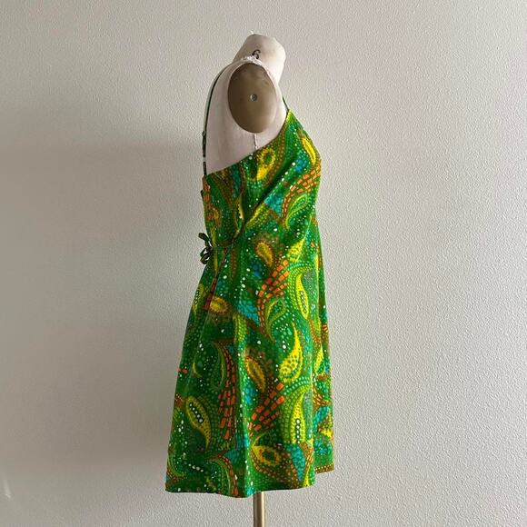 handmade bright green yellow paisley loud print cami mini dress - Picture 3 of 10
